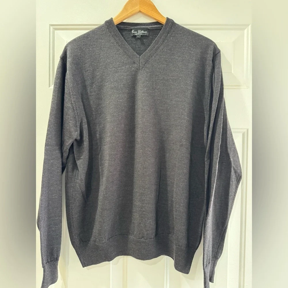 Mario Gilberti Men’s 100% Merino Wool V-Neck Sweater in Gray, Long sleeve, L